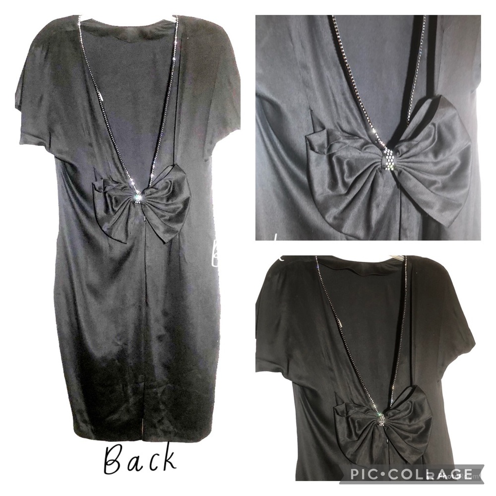 VTG black Gatsby dress sparkle trim deep cut back oversized bow Hollywood glam